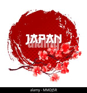 Sakura On Red Sun Background. Japan Red Circle Sign Template Isolated. Traditional Japanese Symbol Or Logo. Creative Asian Vector Illustration. Stock Vector
