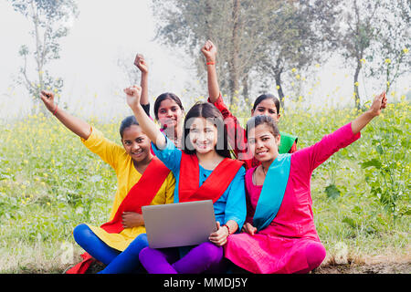 Group Villager High-School Girls Students Friends Laptop Study Success E-Learning In-Field Stock Photo