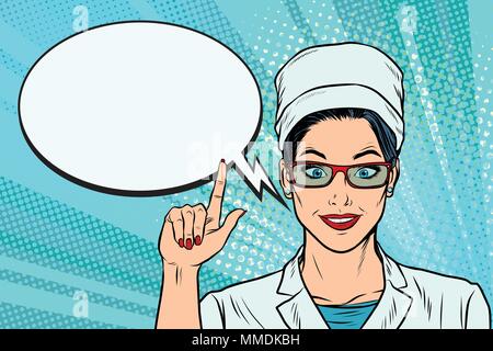 The woman doctor says or recommends, a comic book bubble Stock Vector