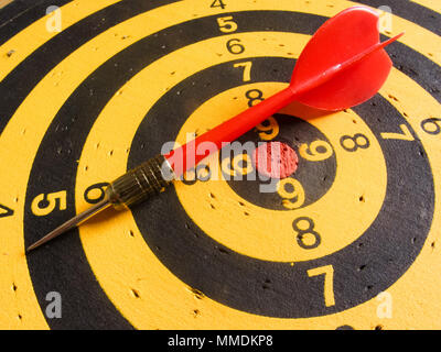 diagonal view of an used dartboard Stock Photo