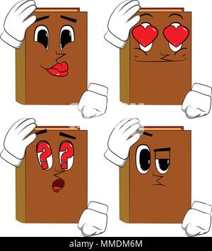 Books placing hand on head. Cartoon book collection with various faces. Expressions vector set. Stock Vector