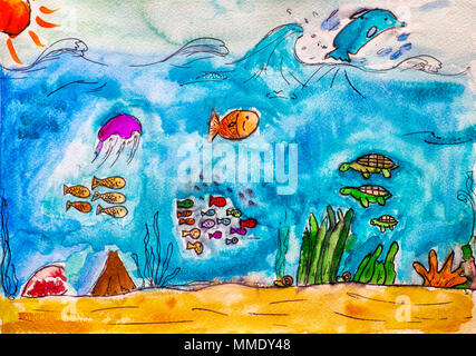 Sea life. Child water colour hand drawing. Stock Photo