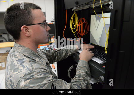 Intelligence Surveillance Reconnaissance is a military discipline focused on collecting and analyzing information for operations. Personnel from the 119th Intelligence Support Squadron configured a security camera digital video recorder at the North Dakota Air National Guard Base in Fargo on 20 October 2017. The archival image documents communications and surveillance system installation. Stock Photo