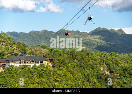 Tourists on the Zip Line at Bohol Island, Philippines Stock Photo