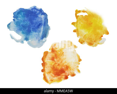 Three color - yellow, orange and blue splash watercolor hand painted isolated on white background, artistic decoration or background Stock Photo