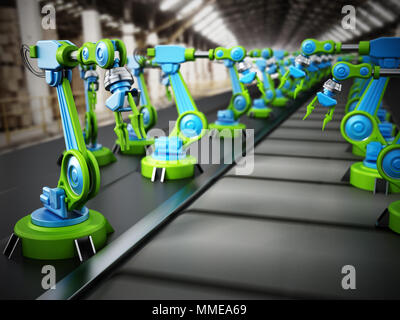 Robotic arms standing in a line inside a factory. 3D illustration. Stock Photo