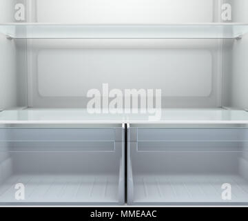 A view inside an empty household fridge or freezer with glass shelves and drawers - 3D render Stock Photo
