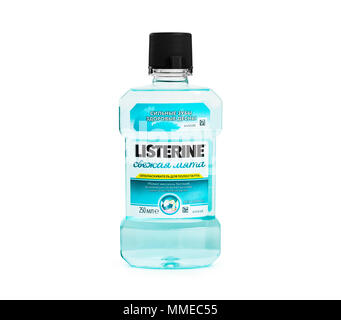 CHISINAU, MOLDOVA - May 08, 2018: Listerine mouthwash container on white background. Listerine is a brand of antiseptic mouthwash product. Stock Photo