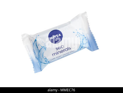 CHISINAU, MOLDOVA - May 08, 2018: Top view of Nivea care soap bar isolated on white background with clipping path. Nivea is a brand owned by Beiersdor Stock Photo