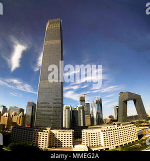 A panoramic view of the Central Business District of Chaoyang in Beijing, China, showing Tower III of the China World Trade Center and the CCTV. Stock Photo