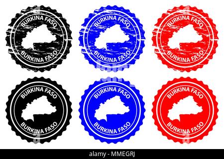 Burkina Faso - rubber stamp - vector, Burkina Faso map pattern - sticker - black, blue and red Stock Vector