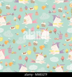 Vector cartoon seamless pattern unicorn with cake and coffee Stock Vector