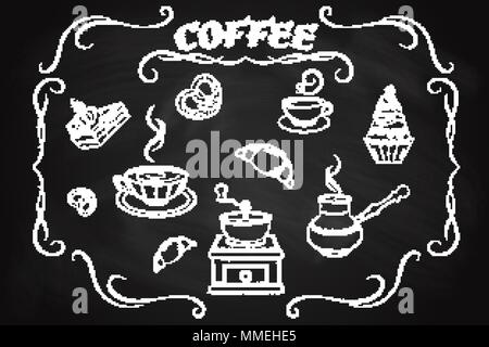 Coffee icon set, drawn in chalk on a blackboard Stock Vector