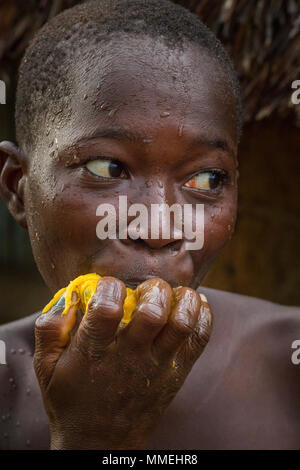 YONGORO, SIERRA LEONE - June 06, 2013: West Africa, portrait of an unknown boy while eating a yellow fruit, near the capital Freetown, Sierra Leone Stock Photo