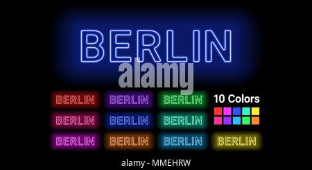 Neon name of Berlin city. Vector illustration of Berlin inscription consisting of neon outlines, with backlight on the dark background. Set of differe Stock Vector