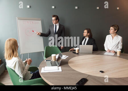 Confident speaker business coach gives presentation to team with Stock Photo