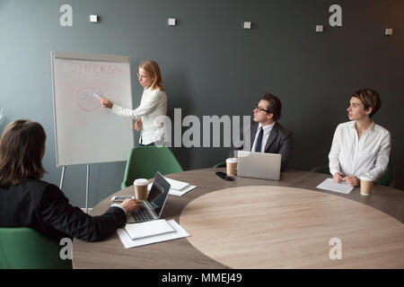 Businesswoman giving presention at corporate team meeting in mod Stock Photo