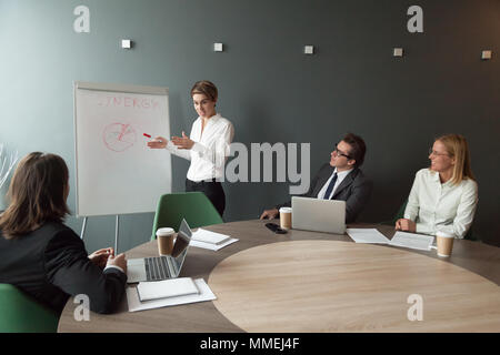 Businesswoman giving presentation of marketing research results  Stock Photo