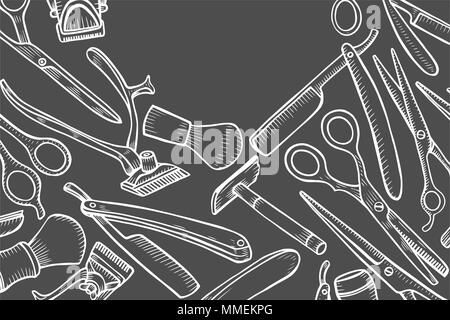 Vector barbershop vintage collection. Barber Stylist Tools set, Hand drawn hairdressers professional tools. Retro Illustration in ancient engraving st Stock Vector