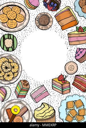 Sweets and bakery set. Hand drawing on a white background. Vintage engraving art illustration. Vector sketch. Food and restaurant design. For signs of Stock Vector