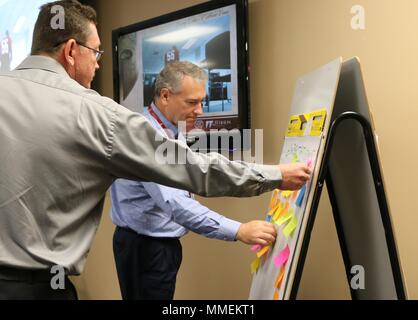 U.S. Army Test, Measurement and Diagnostics Equipment Activity is a subordinate organization of the Aviation and Missile Command supporting equipment calibration and readiness. The archival image records employees placing written notes under the heading Expectations during an Art of Leadership workshop introduction on October 24. Stock Photo
