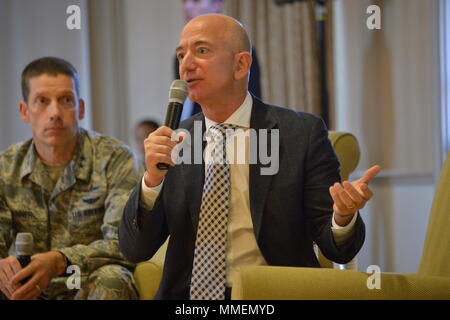 Jeff Bezos, founder of private space company Blue Origin and the Amazon.com, visited the Los Angeles Air Force base, Space and Missile Systems center and spoke to the Commanders and Leaderships of Air Force Space Command at Ft. MacArthur, San Pedro, Calif., Oct 25, 2017.