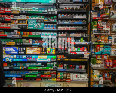 A wall of tobacco products in a convenience store in New York on Sunday,  April 29, 2018. (Â© Richard B. Levine Stock Photo