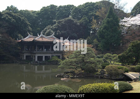 Traditional Japanese tea house in Shinjuku Gyoen, Tokyo, during cherry blossom season Stock Photo