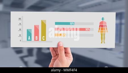 Human Body Statistic bar charts and hand holding card and transition ...