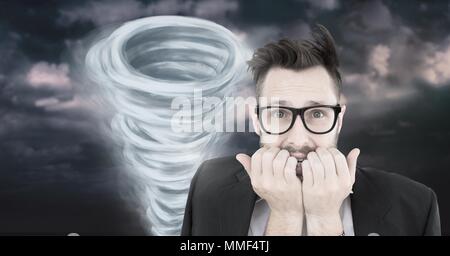 Tornado twister painted and dark sky with scared man Stock Photo