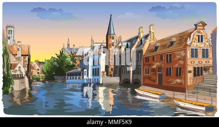 View on Rozenhoedkaai water canal in Bruges, Belgium. Landmark of Belgium. Colorful vector hand drawing illustration isolated on white background. Stock Vector