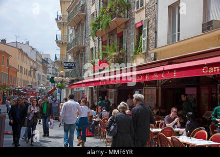 Street cafe at pedestrian area close Place Masséna, Nice, Côte d’Azur, Alpes-Maritimes, South France, France, Europe Stock Photo