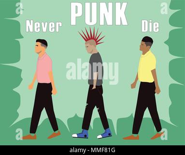when people around stand up and walking, Punk never die because it's not about your style or music genre, it's about way of life ideology Stock Vector
