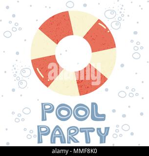 Vector creative modern simple design invitation to pool party. Hand made font and floating circle on the water Stock Vector