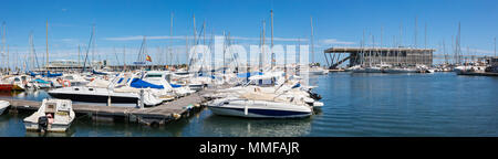 DENIA, SPAIN - APRIL 12TH 2018: A view of the magnificent marina and Balearia Port in Denia, Spain, on 12th April 2018. Stock Photo