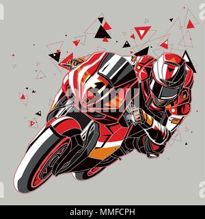 Motorcyclist with a graphic trail.  Vector illustration of a motorcyclist riding on road, isolated gray background. Stock Vector