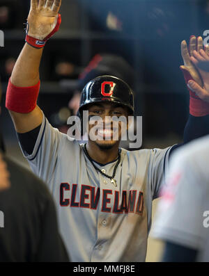 Milwaukee, WI, USA. 9th May, 2018. Cleveland Indians shortstop Francisco Lindor #12 after scoring during the Major League Baseball game between the Milwaukee Brewers and the Cleveland Indians at Miller Park in Milwaukee, WI. John Fisher/CSM/Alamy Live News Stock Photo