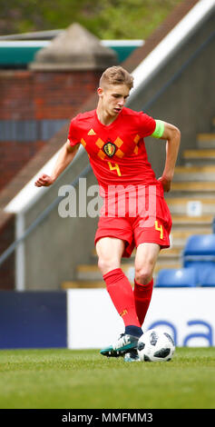 Chesterfield, UK. 11th May, Chesterfield Stadium, Chesterfield, England; UEFA Under 17 European Championships, Belgium v Denmark; Lars Dendoncker of Belgium passes the ball Credit: Action Plus Sports Images/Alamy Live News Stock Photo