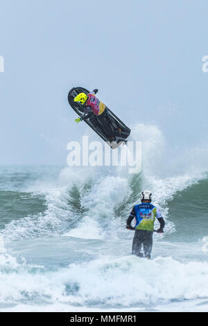 Newquay, Cornwall, UK. 11th May, 2018.  The Freeride World Jetski Championship returns to Fistral beach in Newquay, Cornwall. Strong winds and rough seas guaranteed spectacular aerial action.  Gordon Scammell/Alamy Live News Stock Photo