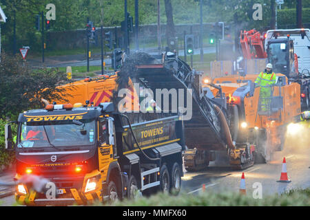 Bristol, UK. 11th May 2018. Workmen seen carrying out overnight resurfacing of the Wells Road A37, outbound Broadfield Road to Airport Road on Friday 11th may .Part of a larger on going scheme. Bristol City Council and North East Somerset Council made a joint bid to the Department of Transport for the Local Highways Maintenance Challenge Fund. Total amount awarded which includes a contribution from each authority is £6.4m Proposed carriageway reconstruction A4 and A4174 Corridors. Robert Timoney/Alamy/Live/News Stock Photo