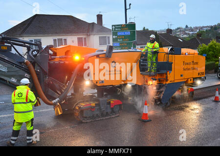 Bristol, UK. 11th May 2018. Workmen seen carrying out overnight resurfacing of the Wells Road A37, outbound Broadfield Road to Airport Road on Friday 11th may .Part of a larger on going scheme. Bristol City Council and North East Somerset Council made a joint bid to the Department of Transport for the Local Highways Maintenance Challenge Fund. Total amount awarded which includes a contribution from each authority is £6.4m Proposed carriageway reconstruction A4 and A4174 Corridors. Robert Timoney/Alamy/Live/News Stock Photo