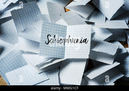 a pile of pieces of paper folded in half, and the text schizophrenia in one of them unfolded on top Stock Photo