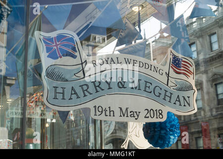 LONDON, UK - MAY 11th 2018: Shop display celebrating the Royal wedding of Prince Harry and Meghan markle. Stock Photo