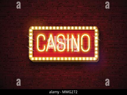 Casino neon sign illustration on brick wall background. Vector light banner or bright signboard design. Stock Vector