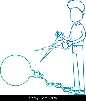 businessman sad with slave shackle and scissors vector illustration design Stock Vector