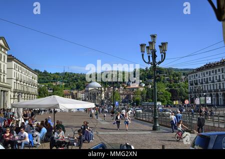 Turin, Piedmont, Italy. May 7 2017. View from piazza vittorio of the Church of the Gran Madre di Dio. Piazza Vittorio full of tourists. Stock Photo