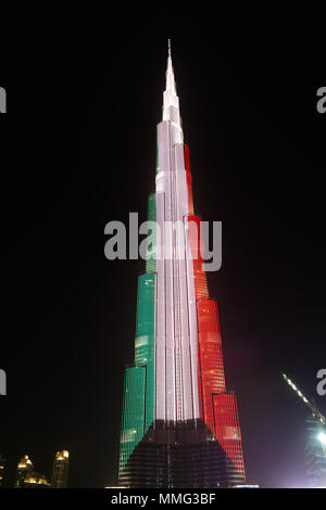 Night view to Burj Khalifa skyscraper in Dubai, flag of Kuwait, - 10-01-2015 UAE Stock Photo