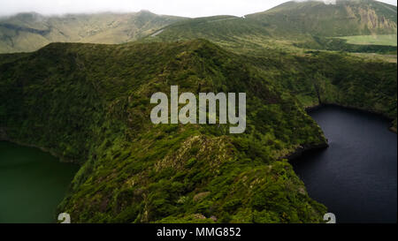 Aerial view to Comprida and Negra lakes , Flores island in Azores. Portugal Stock Photo