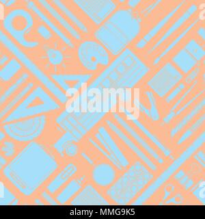 Pastel blue silhouette school stuff lay on pink background. Seamless pattern background design for school and education in vector illustration. Stock Vector