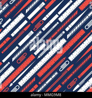 White and red silhouette stationery slant on blue background. Seamless pattern background design for school and education in vector illustration. Stock Vector